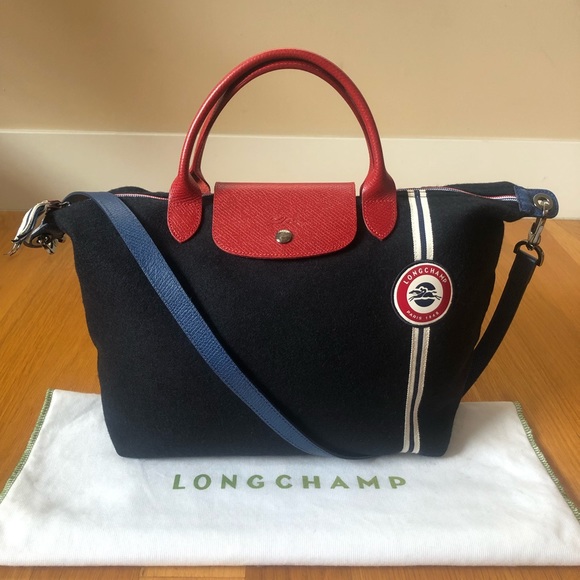 $475~LONGCHAMP~’Le Pliage Cocade’ Navy Blue Wool 2-Way Tote Bag~Rare/Limited Ed! - Picture 2 of 16